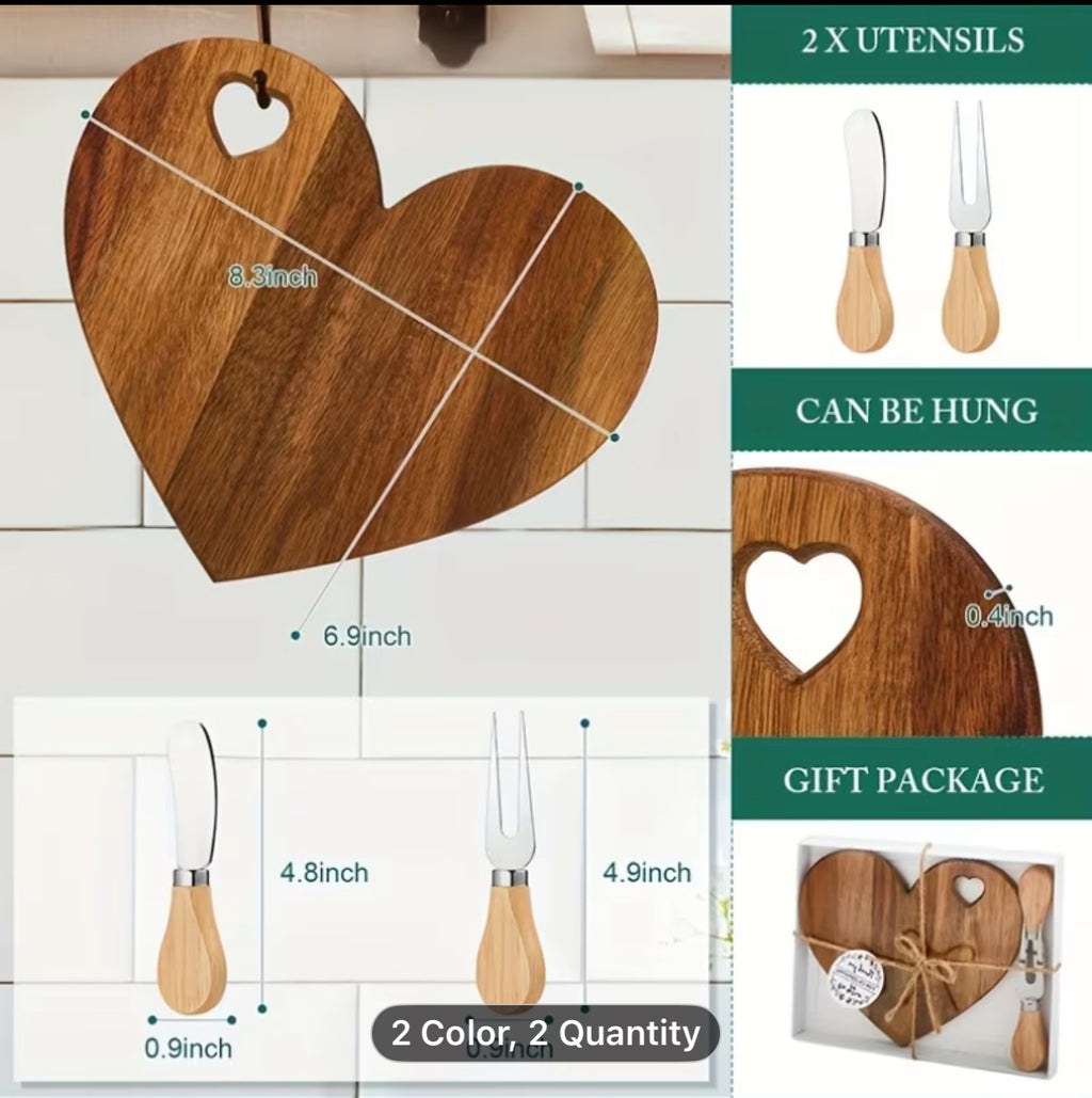 Heart-Shaped Bamboo Cheese & Charcuterie Board Set