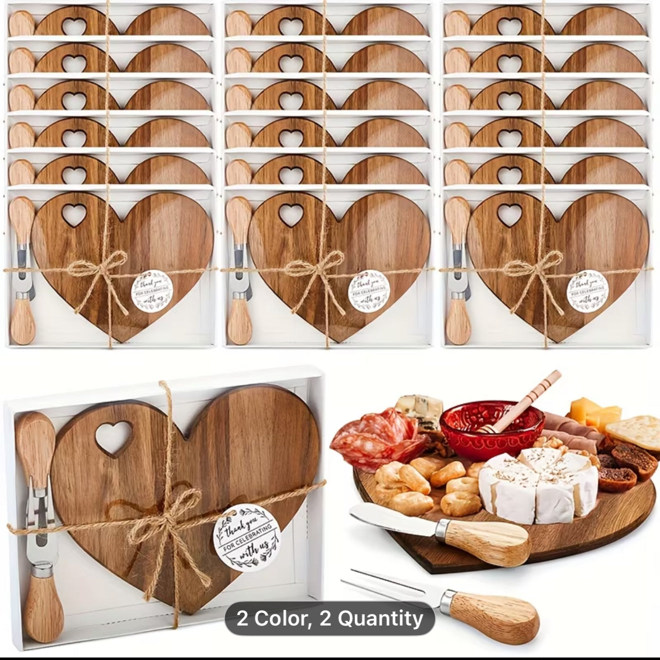 Heart-Shaped Bamboo Cheese & Charcuterie Board Set