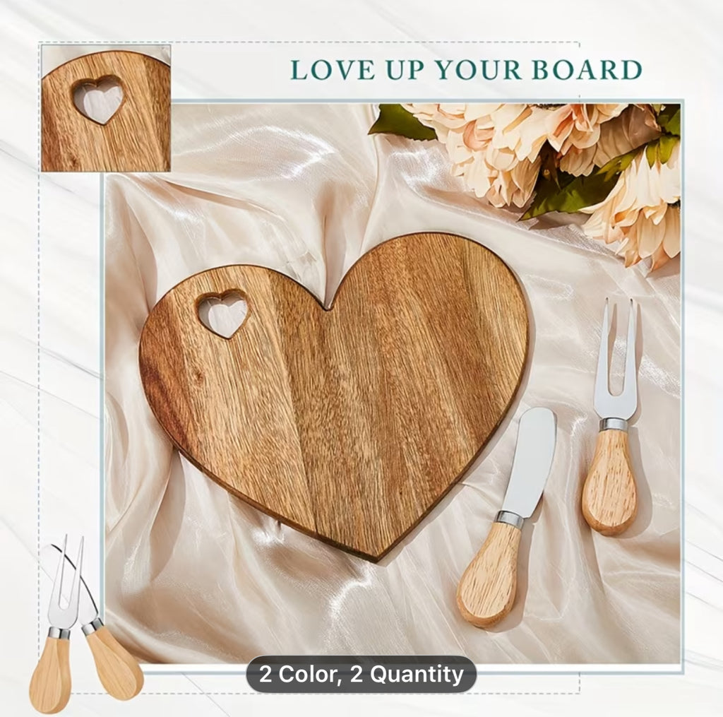 Heart-Shaped Bamboo Cheese & Charcuterie Board Set