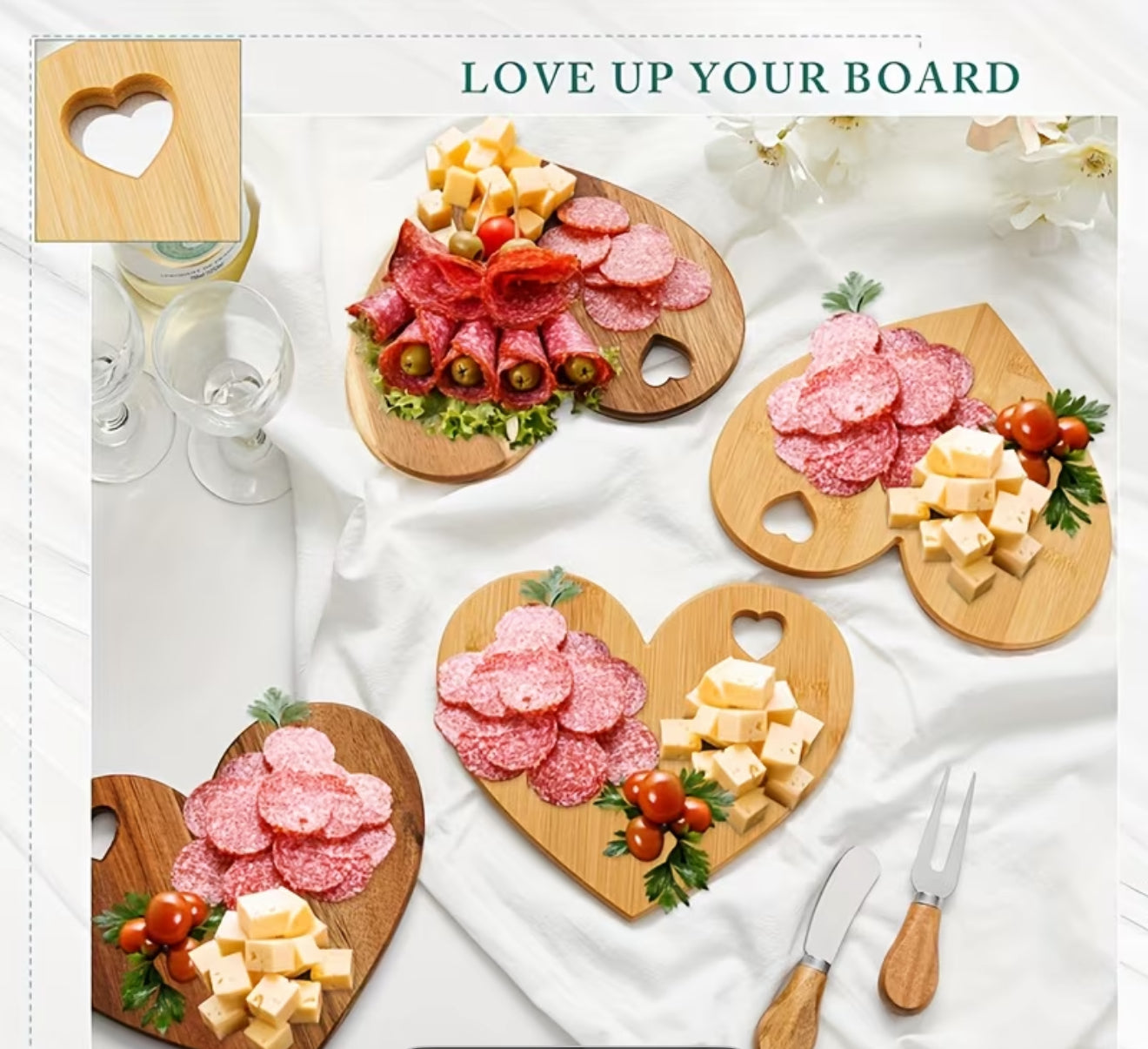 Heart-Shaped Bamboo Cheese & Charcuterie Board Set