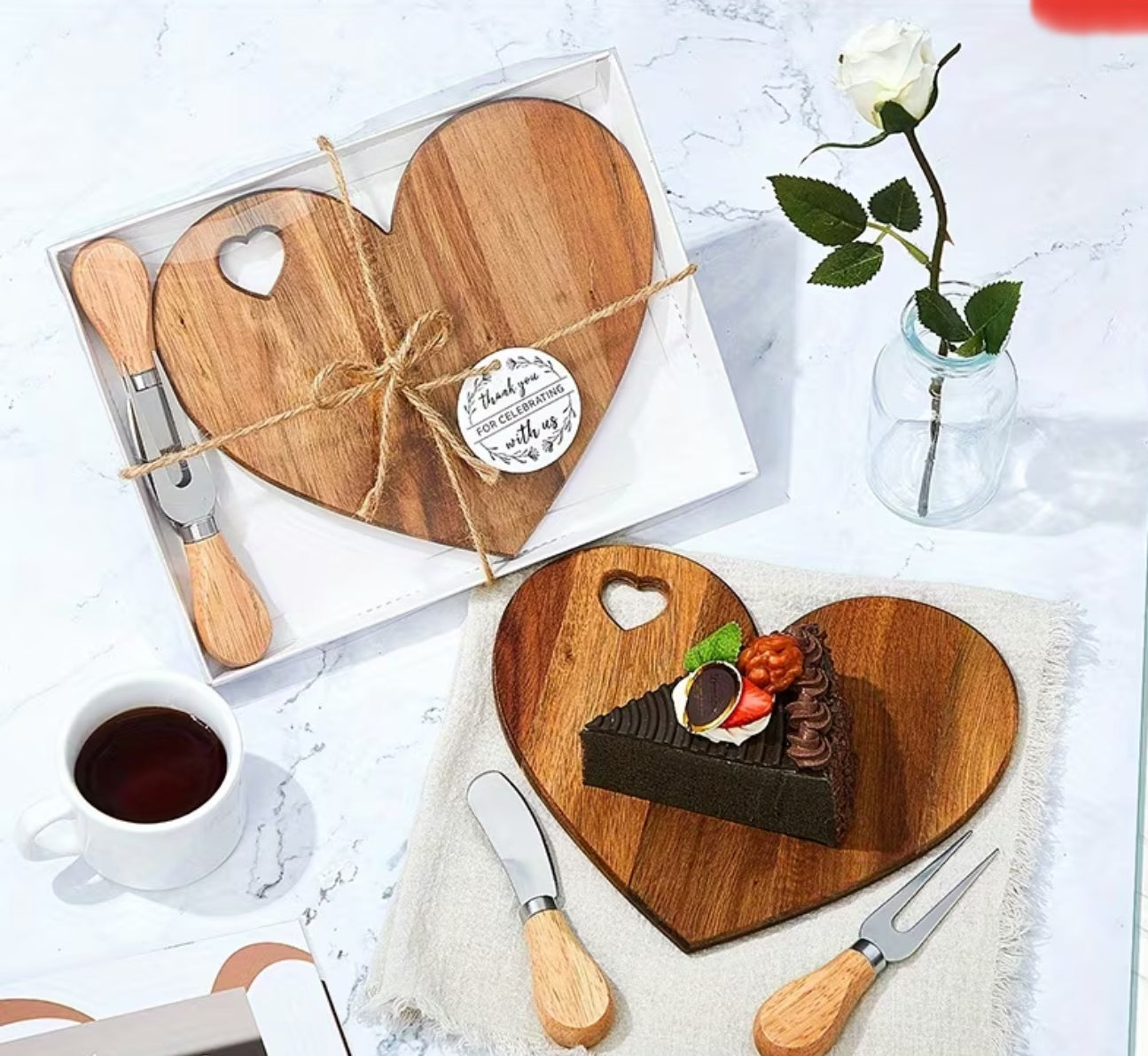 Heart-Shaped Bamboo Cheese & Charcuterie Board Set