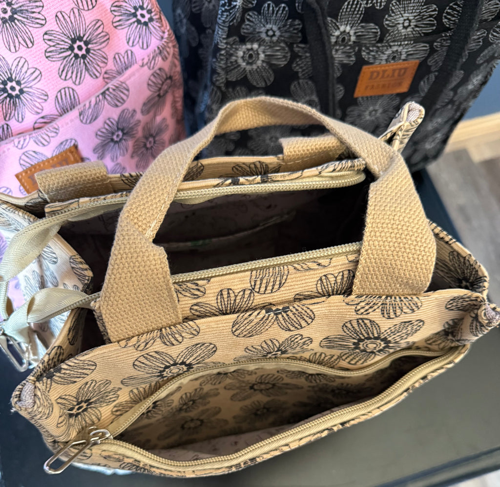 Flannel Printed Tote Purse – Zipper Handbag (Pink, Beige, Black)