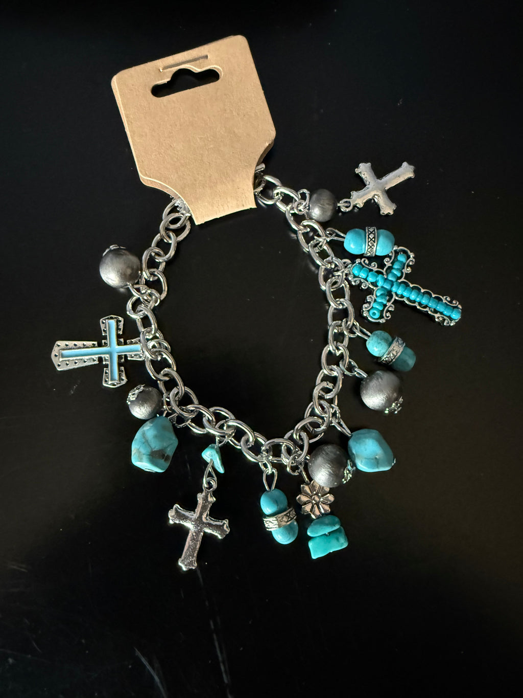 Turquoise Inlaid Cross Bracelet – Alloy Beaded Chain