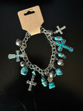 Turquoise Inlaid Cross Bracelet – Alloy Beaded Chain