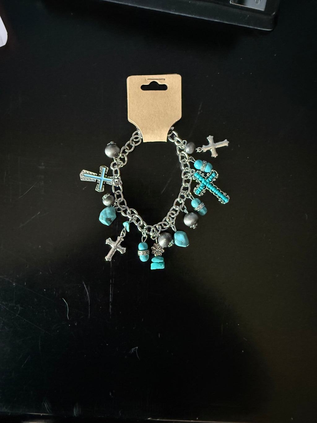 Turquoise Inlaid Cross Bracelet – Alloy Beaded Chain