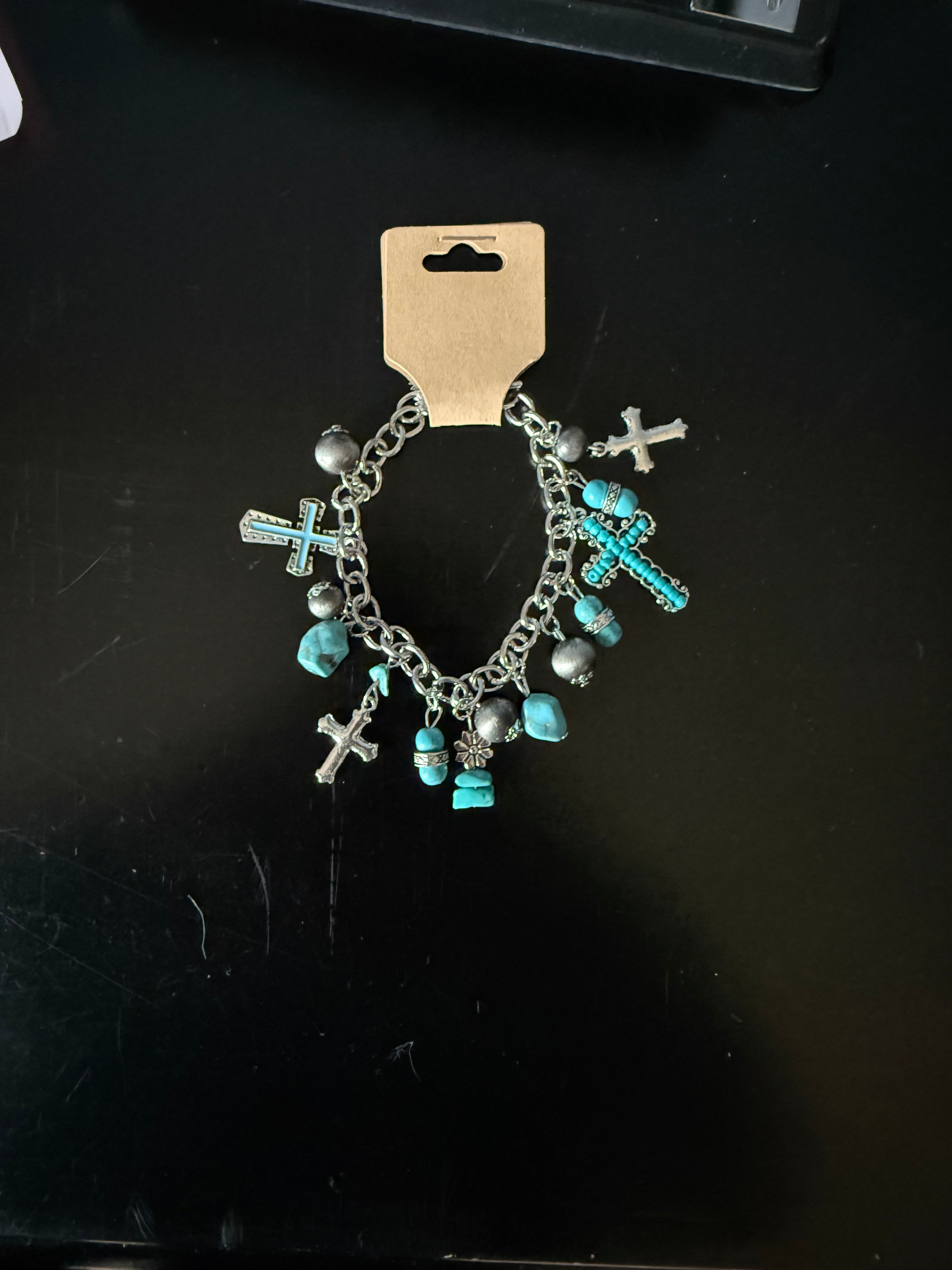Turquoise Inlaid Cross Bracelet – Alloy Beaded Chain