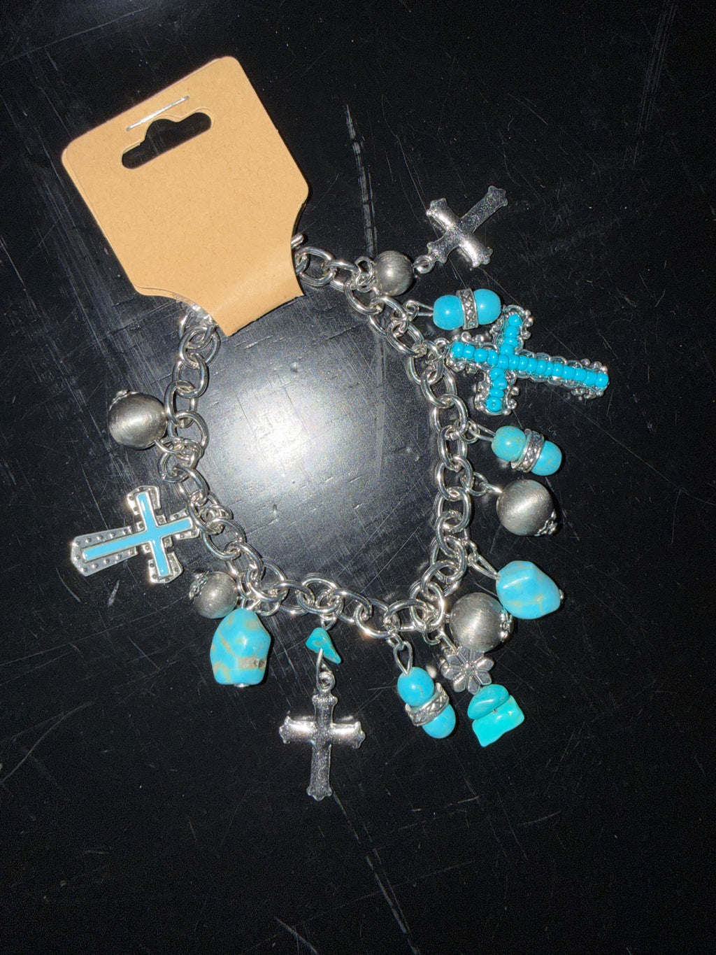 Turquoise Inlaid Cross Bracelet – Alloy Beaded Chain