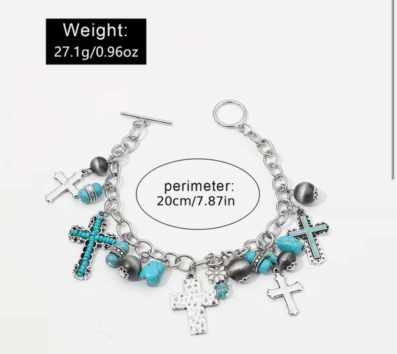 Turquoise Inlaid Cross Bracelet – Alloy Beaded Chain
