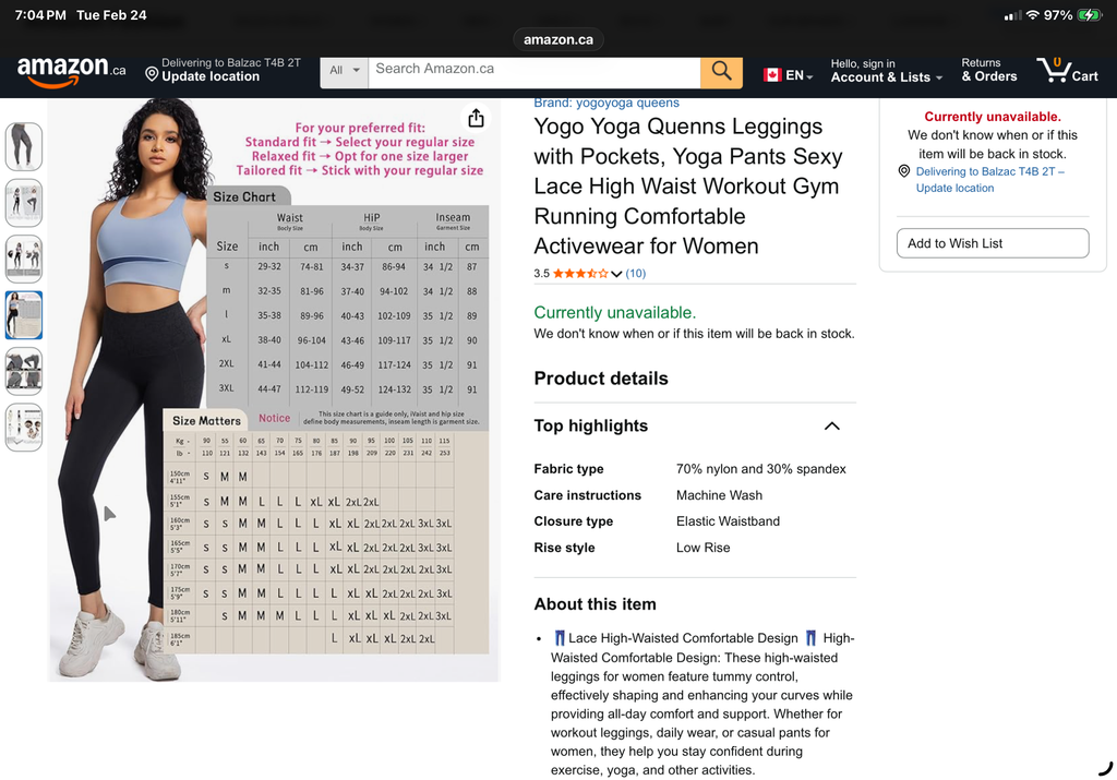 Amazon product page for yoga pants with a model wearing the leggings.