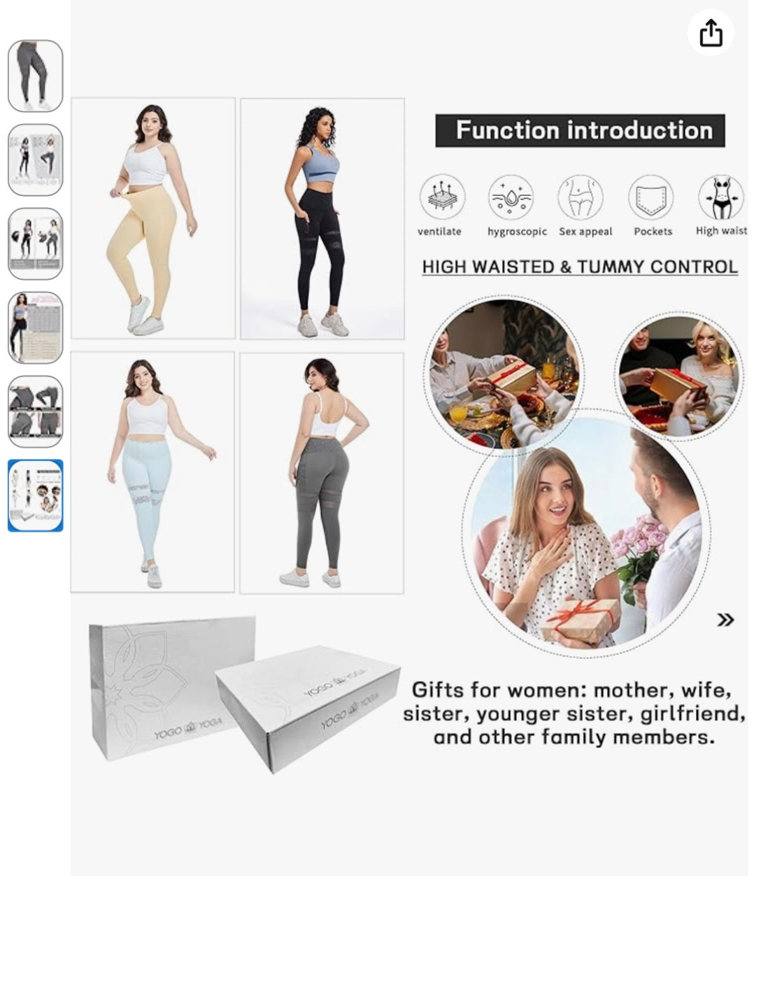 Product advertisement with images of women wearing leggings, a box, and text about product features and uses.