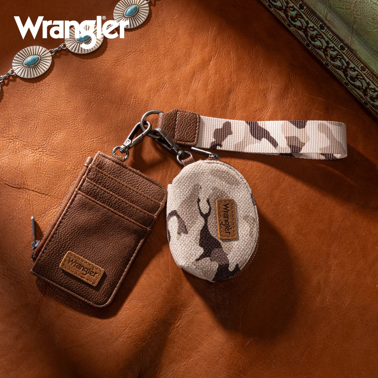 Wrangler Camo Print Dual Pouch Wristlet (Brown or Pink)
