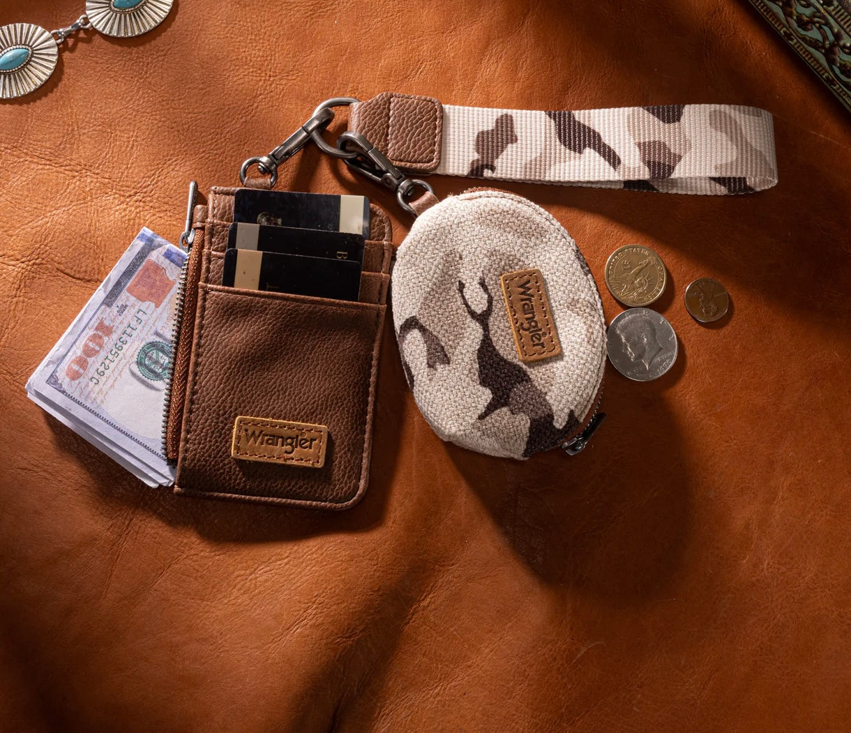 Wrangler Camo Print Dual Pouch Wristlet (Brown or Pink)