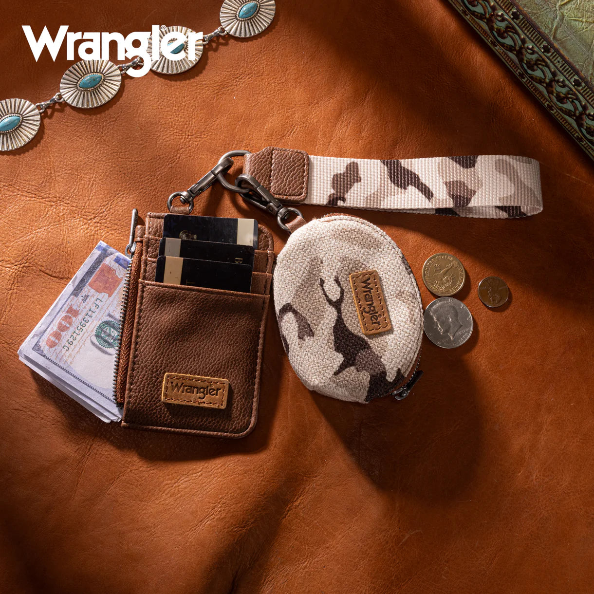 Wrangler Camo Print Dual Pouch Wristlet (Brown or Pink)