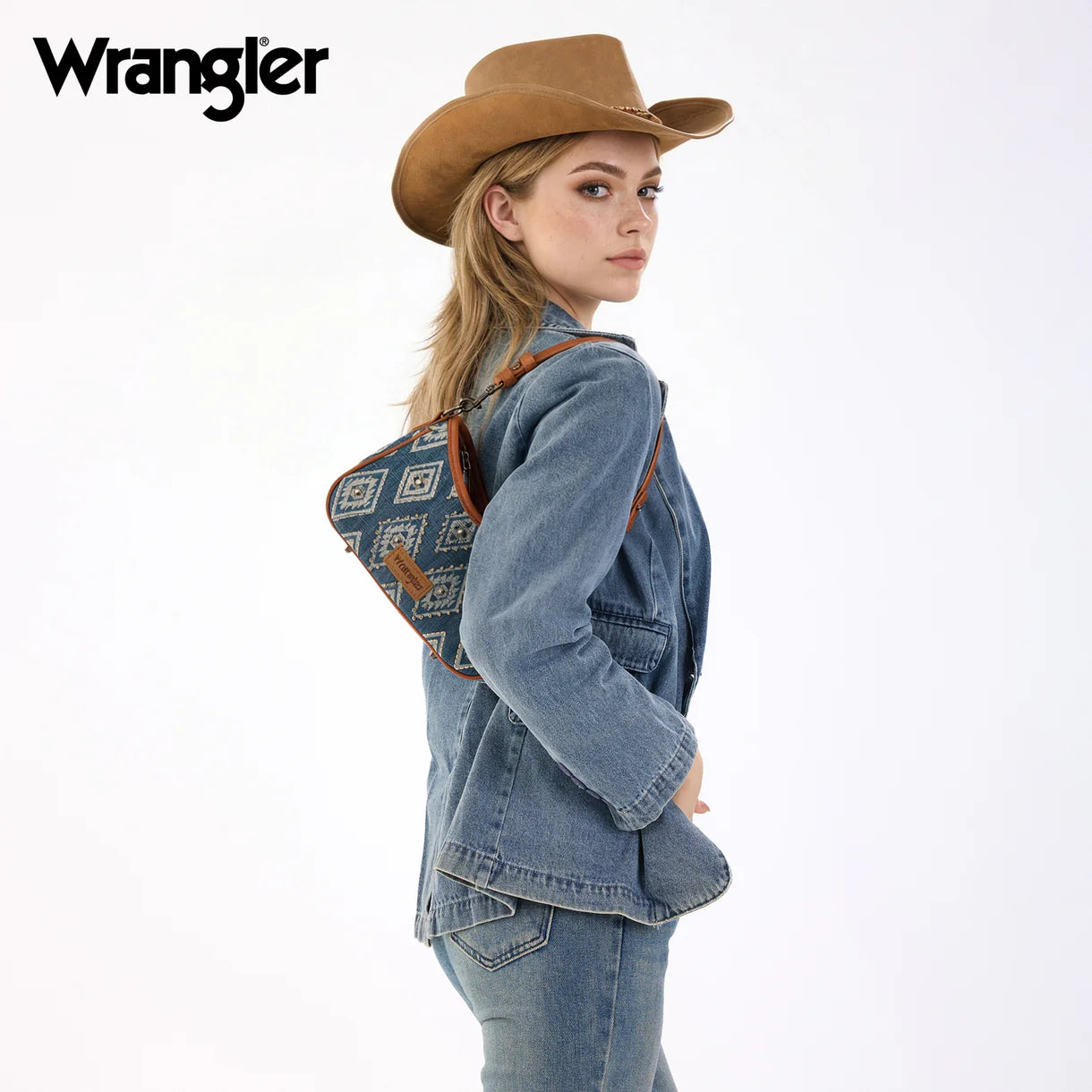 Wrangler Aztec Studded Denim Shoulder Bag with Mini Pouch-Jean