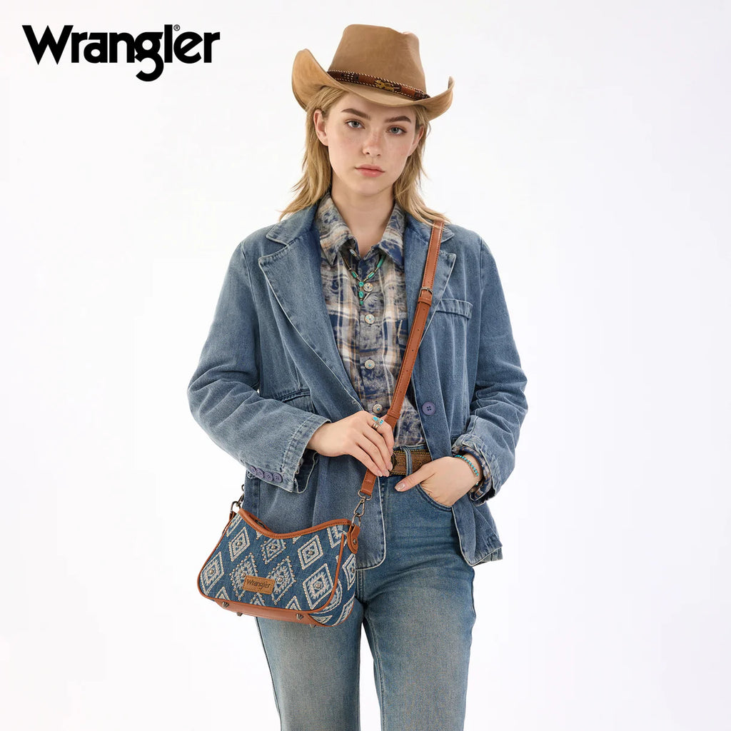 Wrangler Aztec Studded Denim Shoulder Bag with Mini Pouch-Jean