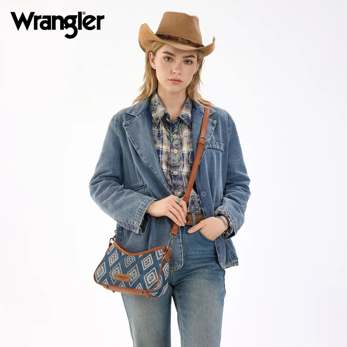 Wrangler Aztec Studded Denim Shoulder Bag with Mini Pouch-Jean