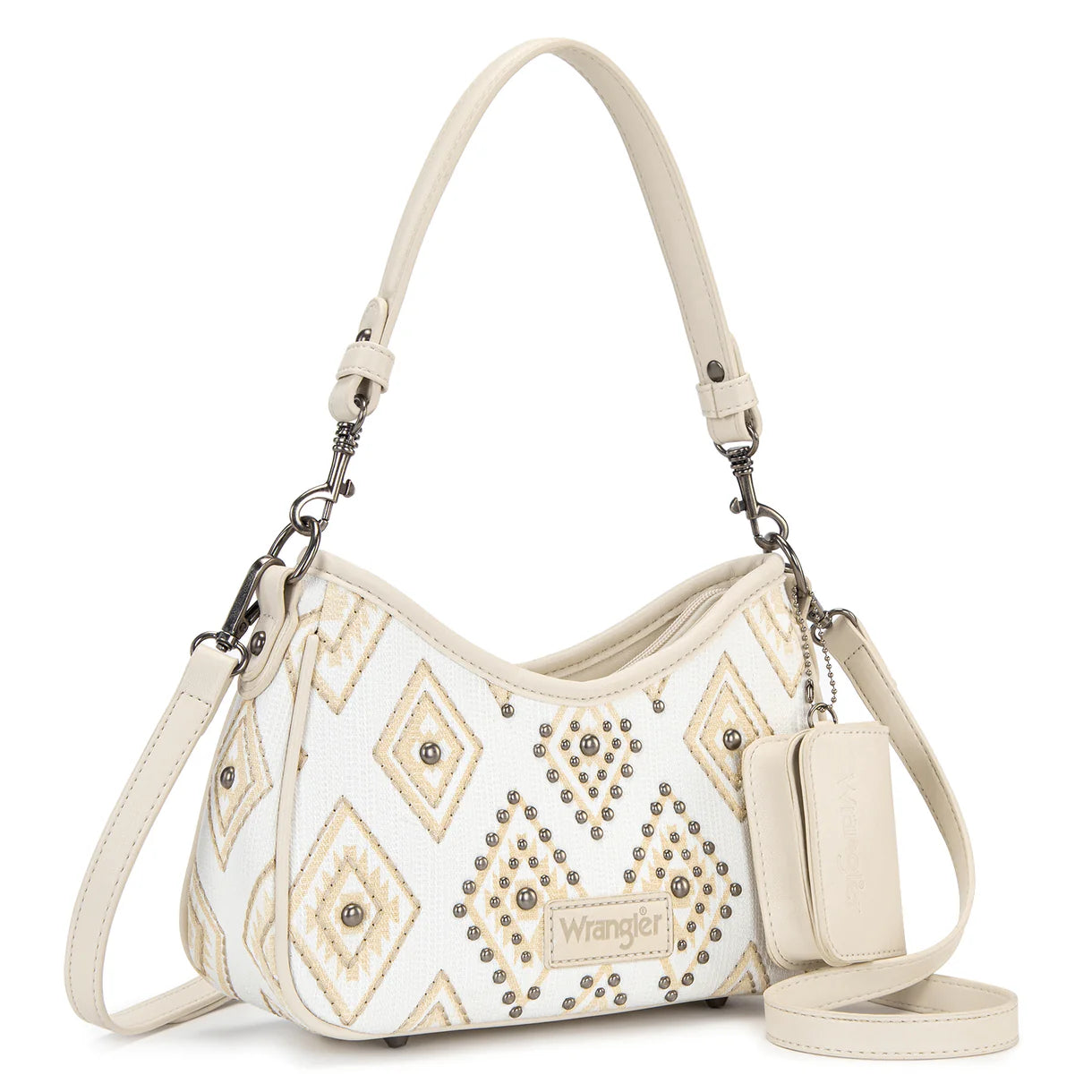 Wrangler Aztec Studded Denim Shoulder Bag with Mini Pouch-Beige