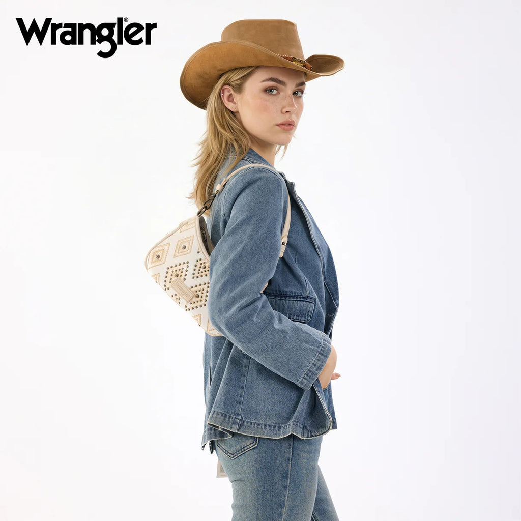 Wrangler Aztec Studded Denim Shoulder Bag with Mini Pouch-Beige