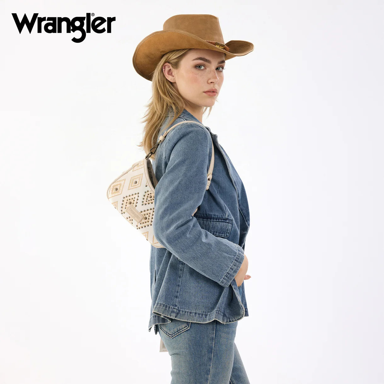 Wrangler Aztec Studded Denim Shoulder Bag with Mini Pouch-Beige