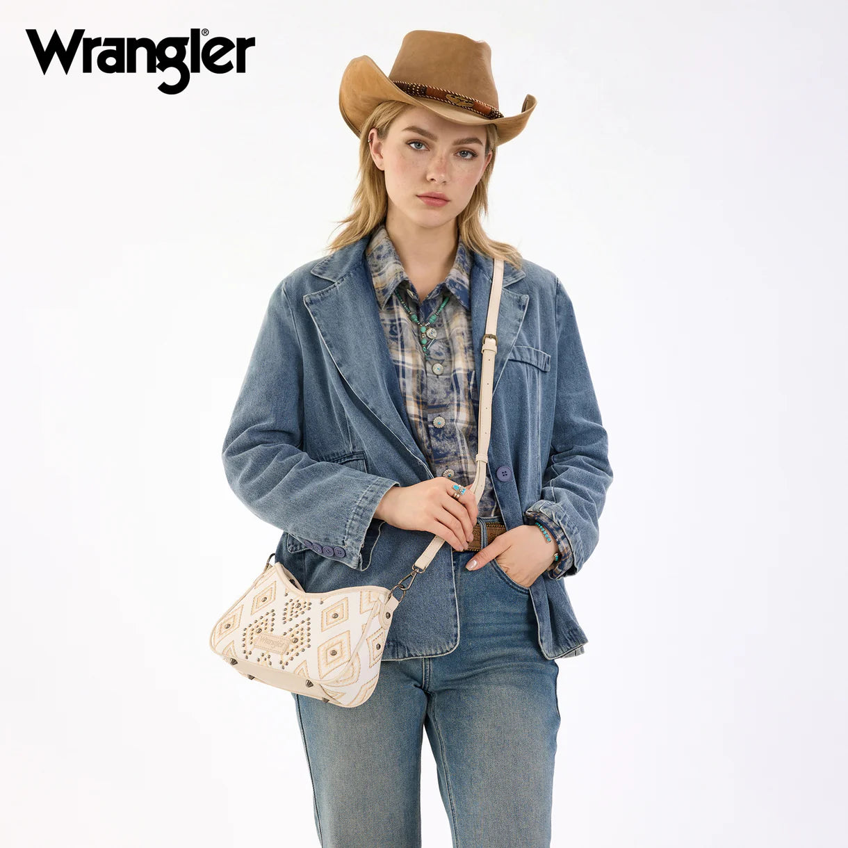 Wrangler Aztec Studded Denim Shoulder Bag with Mini Pouch-Beige