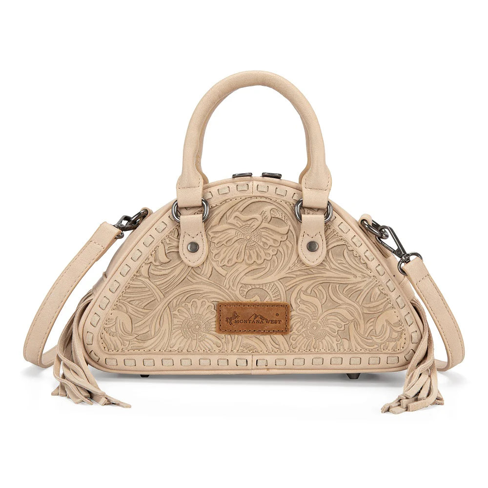 Montana West Tooled Floral Fringe Dome Satchel Bag (Pink & Tan)