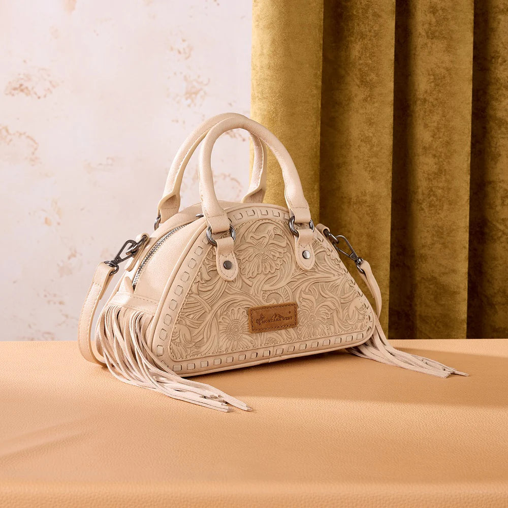 Montana West Tooled Floral Fringe Dome Satchel Bag (Pink & Tan)