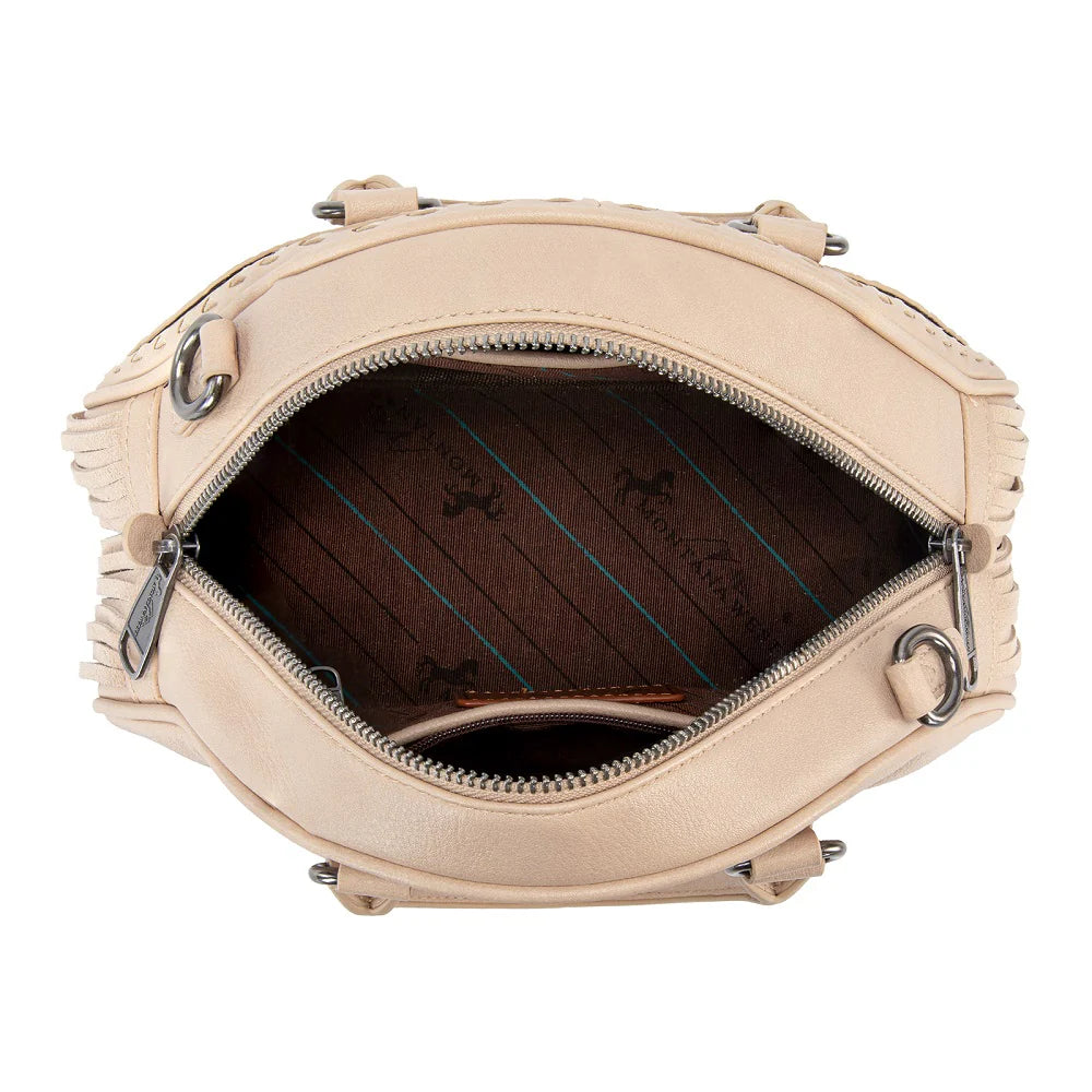 Montana West Tooled Floral Fringe Dome Satchel Bag (Pink & Tan)