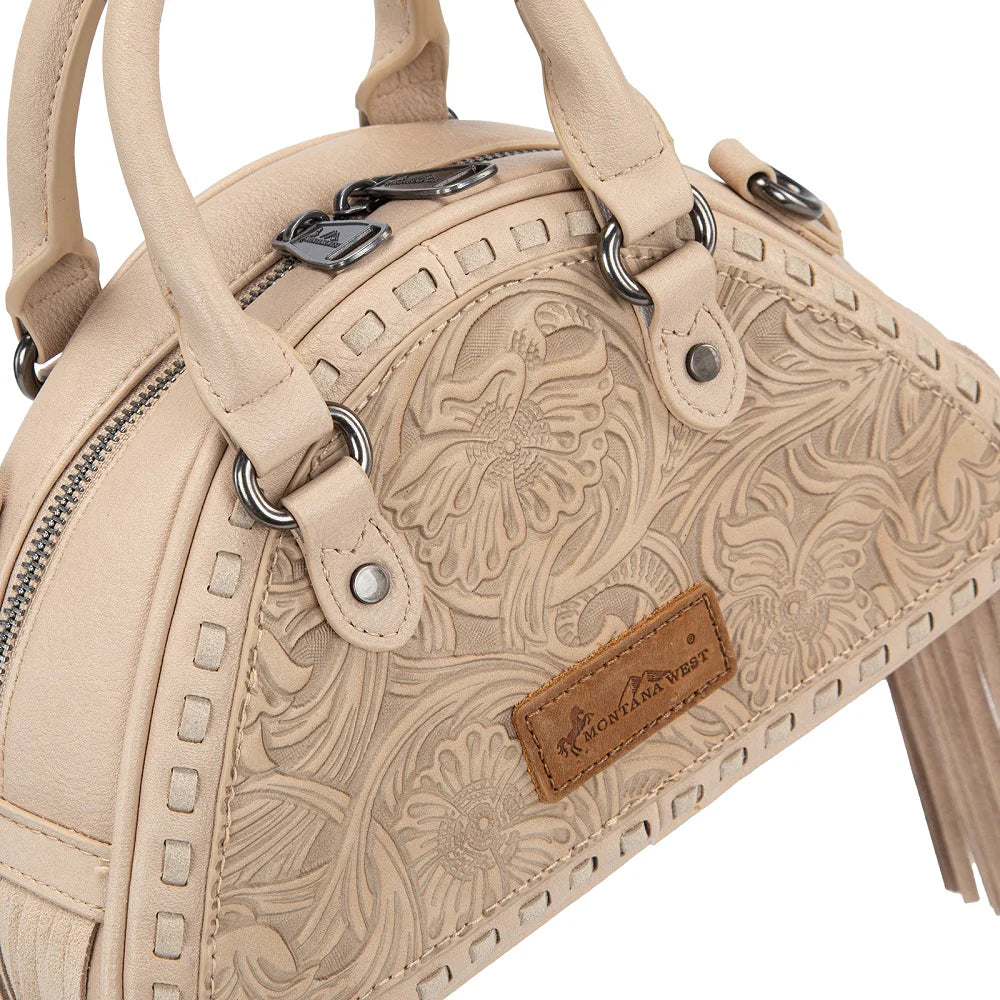 Montana West Tooled Floral Fringe Dome Satchel Bag (Pink & Tan)