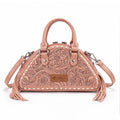 Montana West Tooled Floral Fringe Dome Satchel Bag (Pink & Tan)