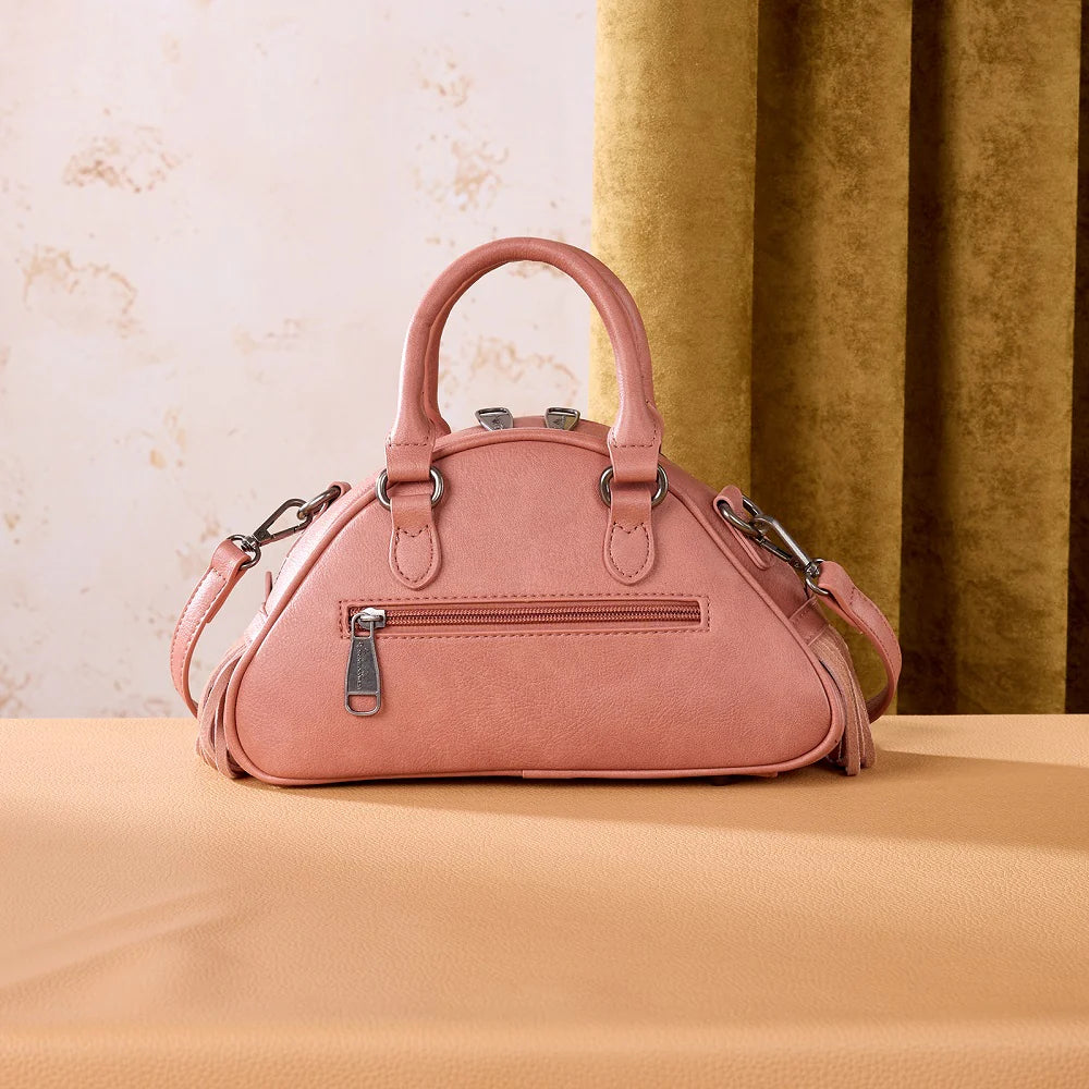 Montana West Tooled Floral Fringe Dome Satchel Bag (Pink & Tan)
