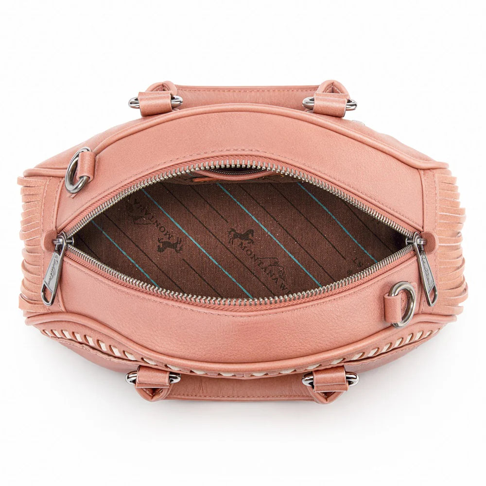 Montana West Tooled Floral Fringe Dome Satchel Bag (Pink & Tan)