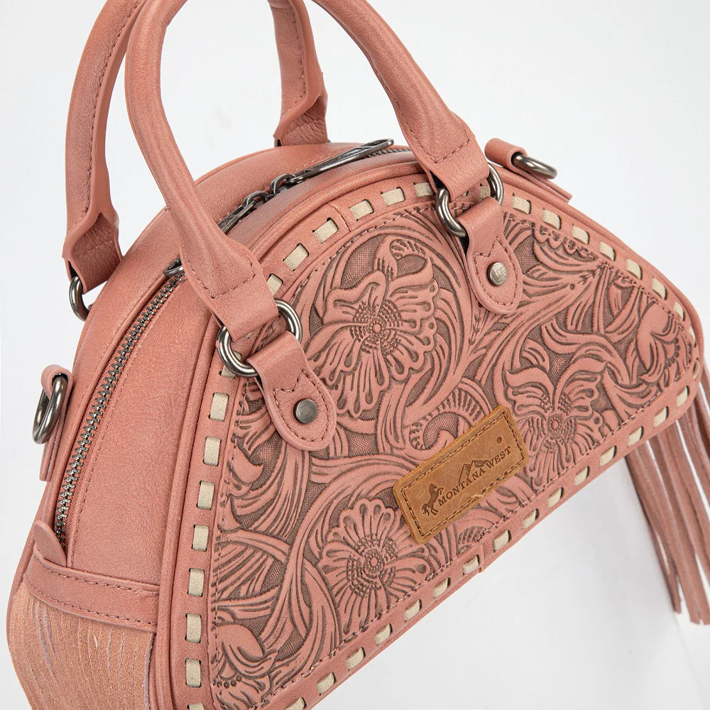 Montana West Tooled Floral Fringe Dome Satchel Bag (Pink & Tan)