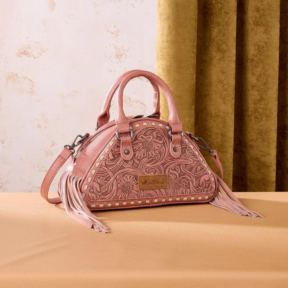 Montana West Tooled Floral Fringe Dome Satchel Bag (Pink & Tan)