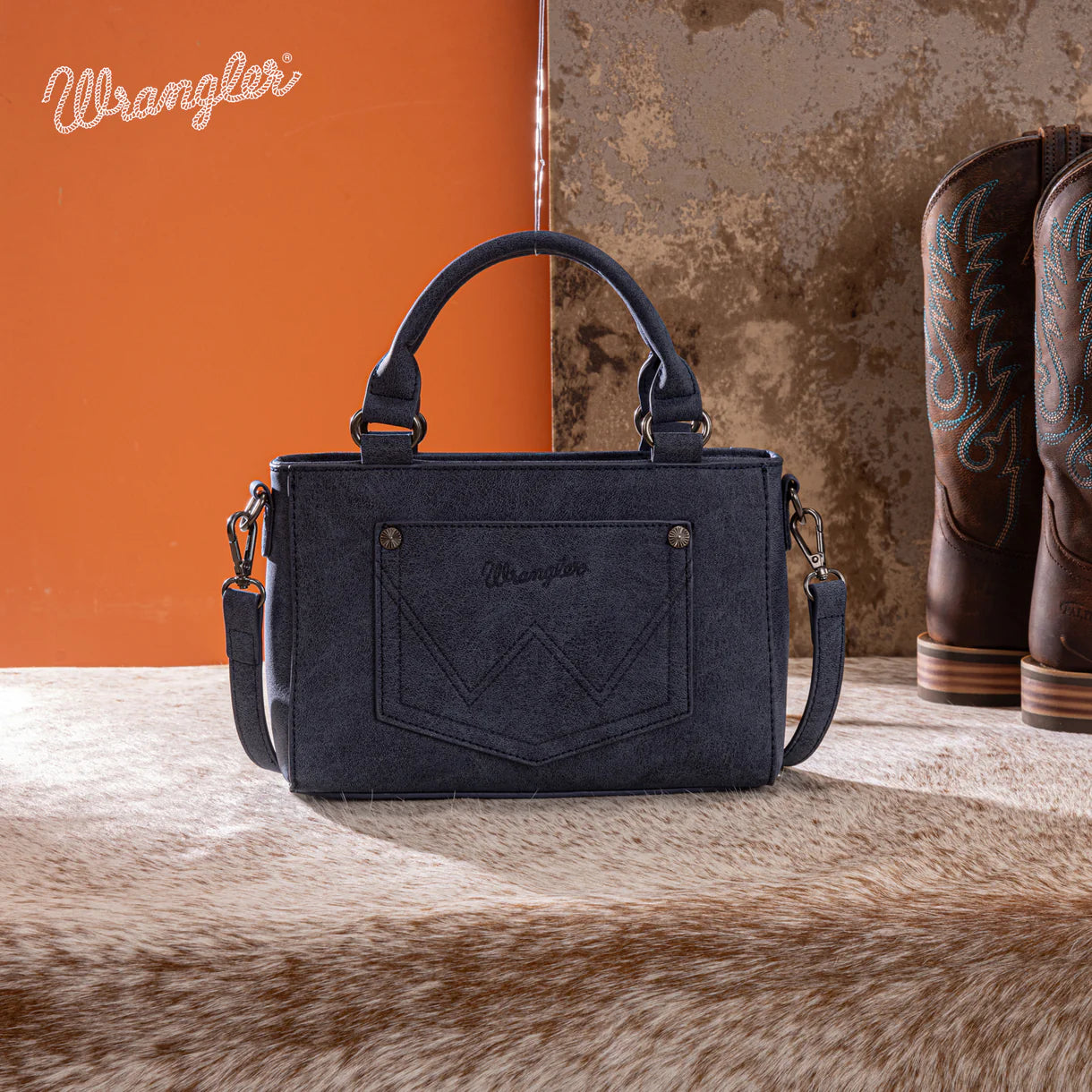 Wrangler Embroidered Swirl Mini Satchel/Crossbody-Navy