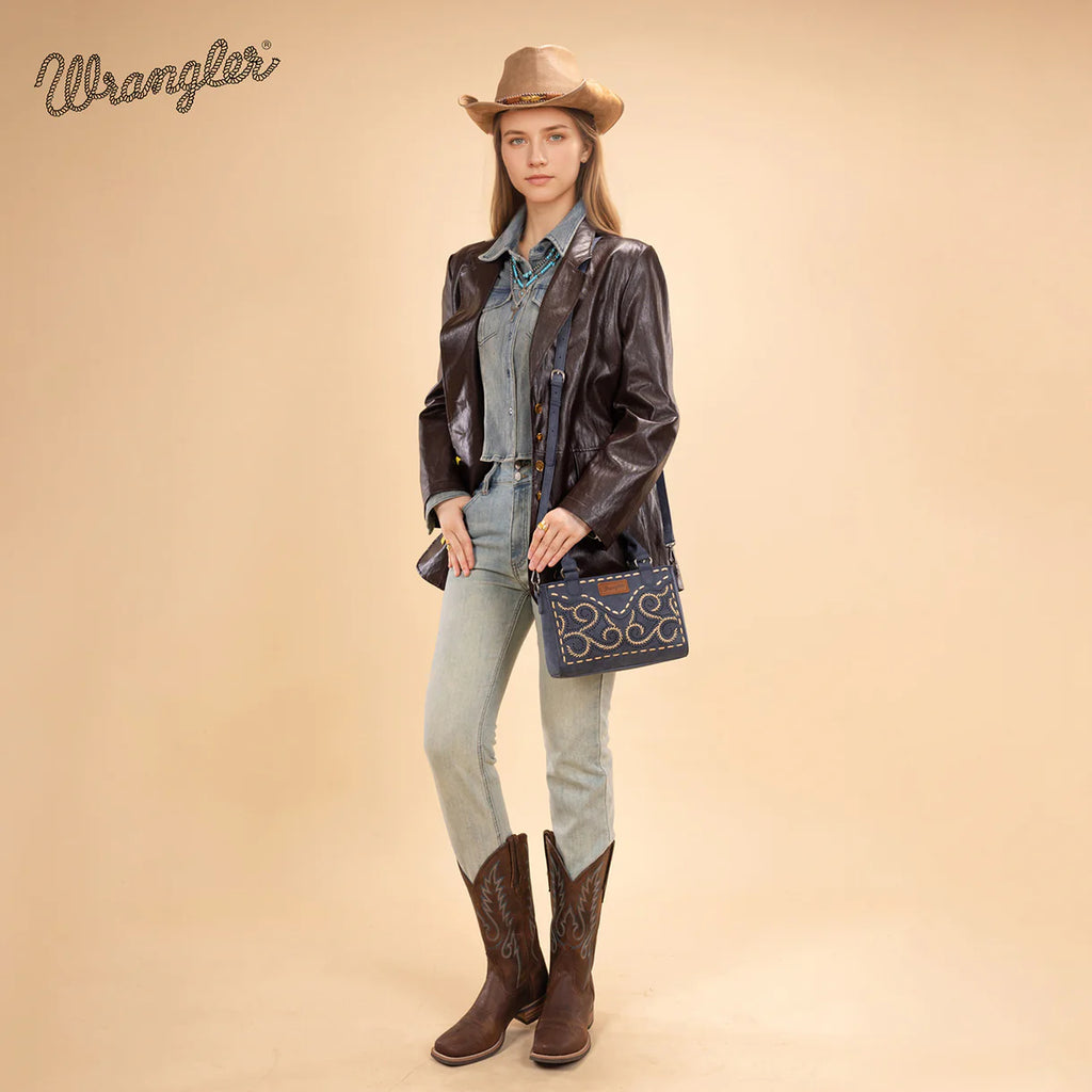 Wrangler Embroidered Swirl Mini Satchel/Crossbody-Navy