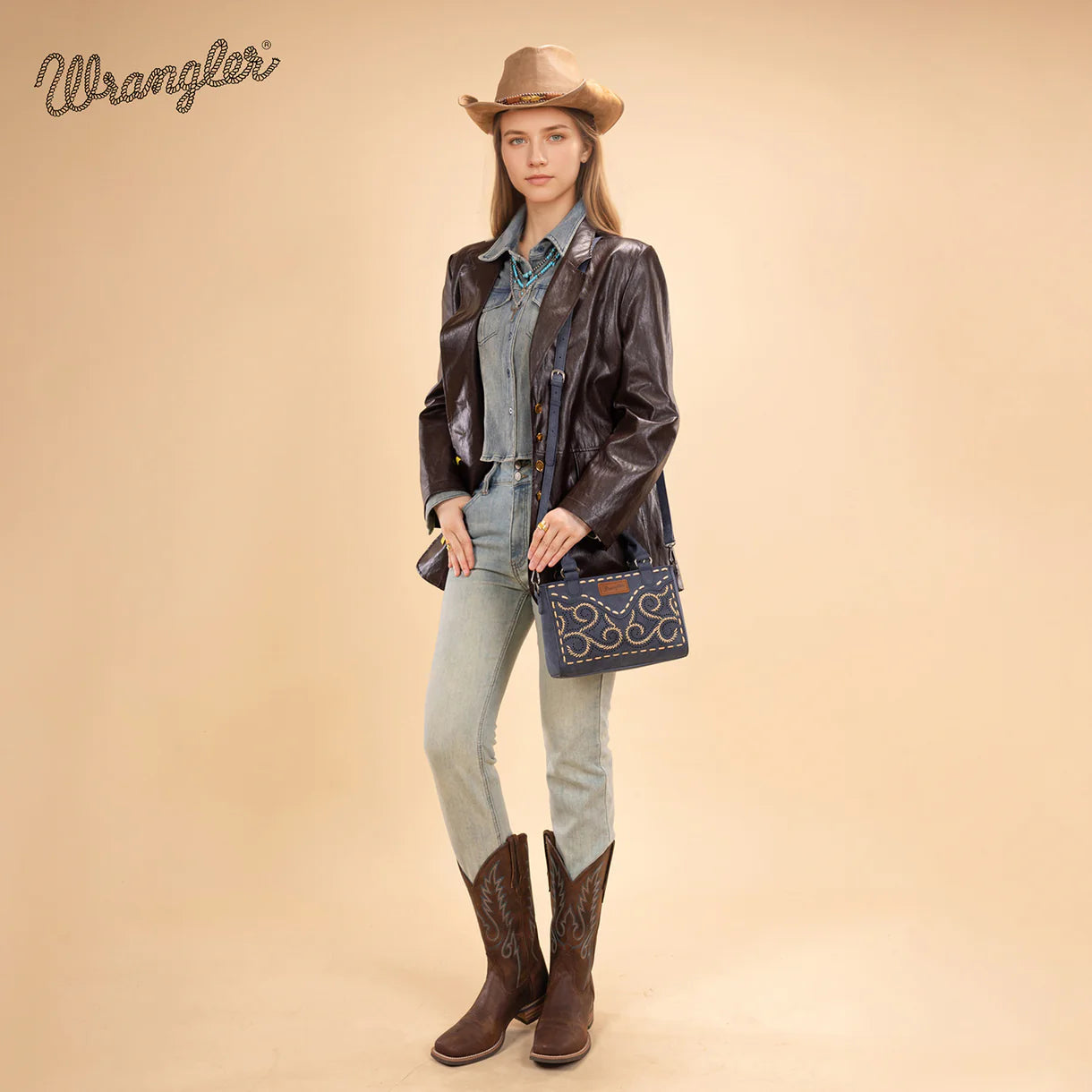 Wrangler Embroidered Swirl Mini Satchel/Crossbody-Navy