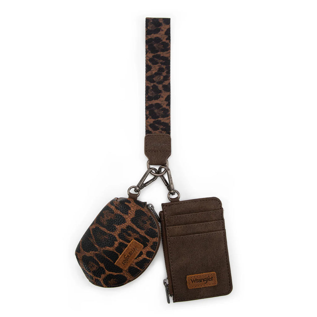 Wrangler Leopard Print Dual Pouch Wristlet-Coffee