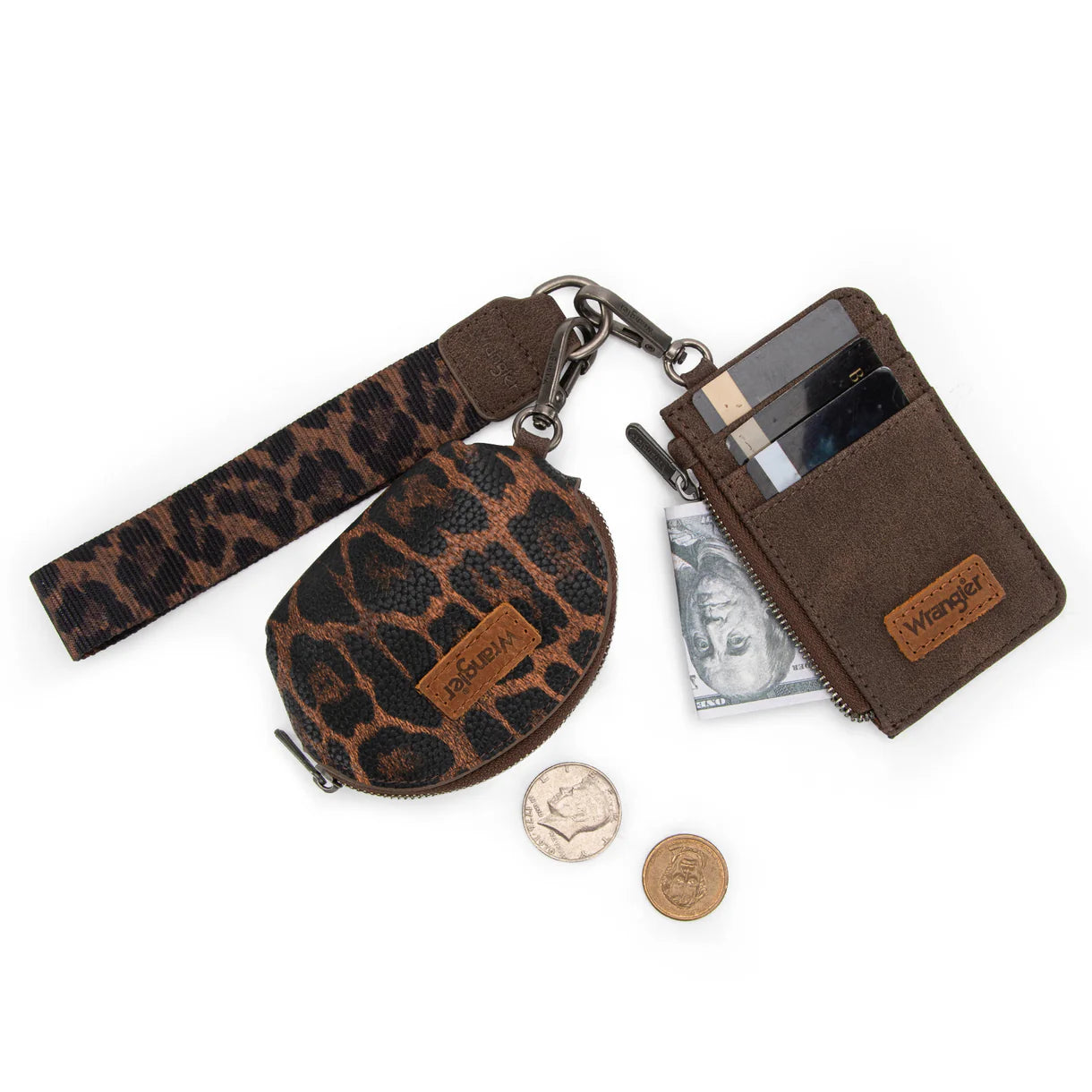 Wrangler Leopard Print Dual Pouch Wristlet-Coffee