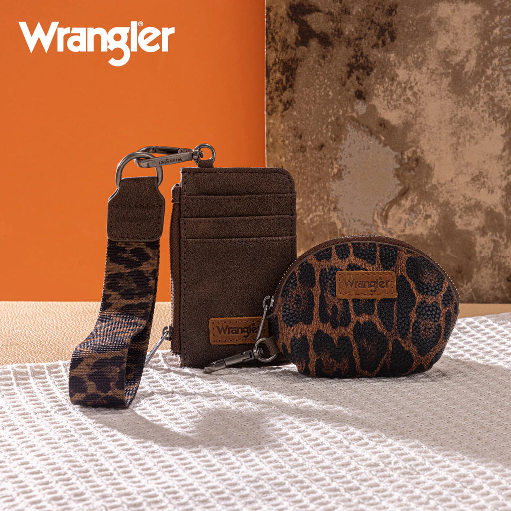Wrangler Leopard Print Dual Pouch Wristlet-Coffee