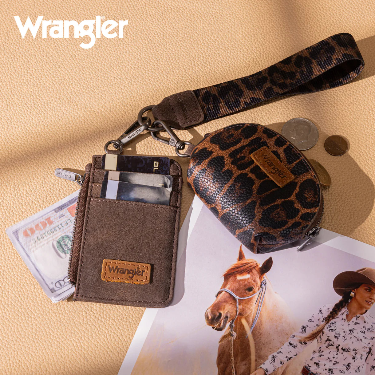 Wrangler Leopard Print Dual Pouch Wristlet-Coffee
