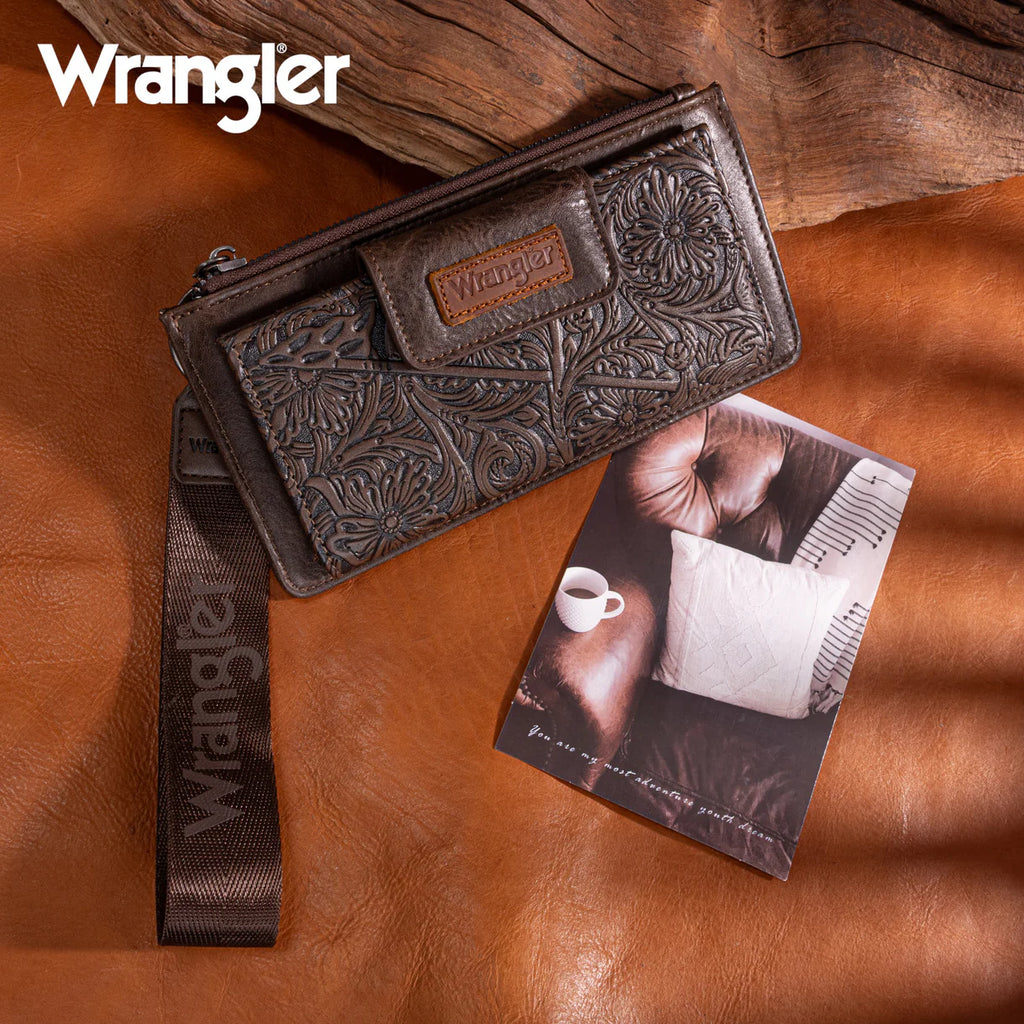 Wrangler Floral Tooled Card Wallet Wristlet- Coffee