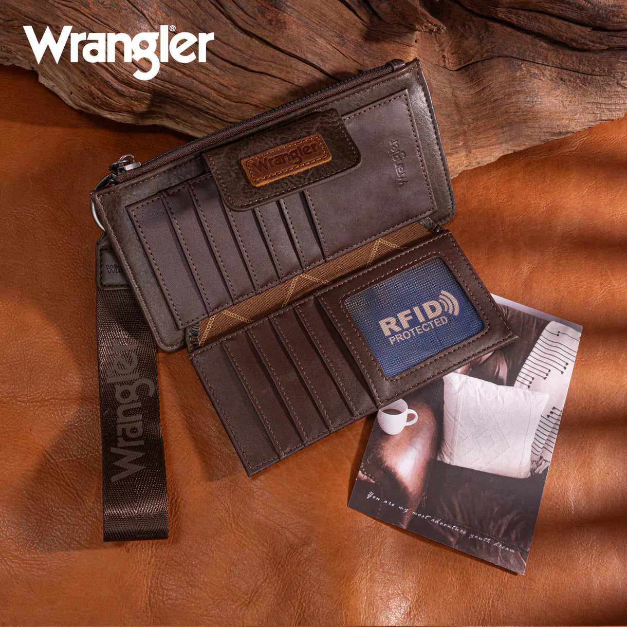 Wrangler Floral Tooled Card Wallet Wristlet- Coffee