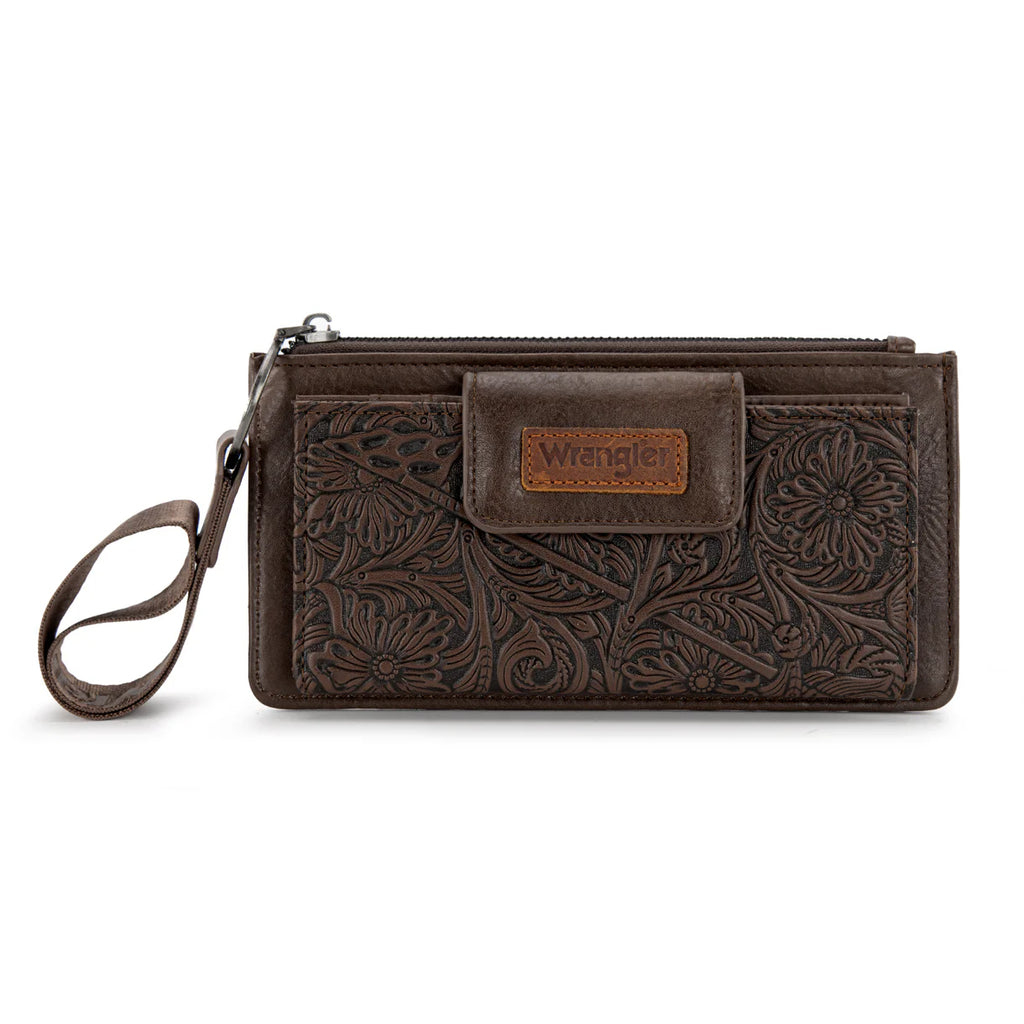 Wrangler Floral Tooled Card Wallet Wristlet- Coffee