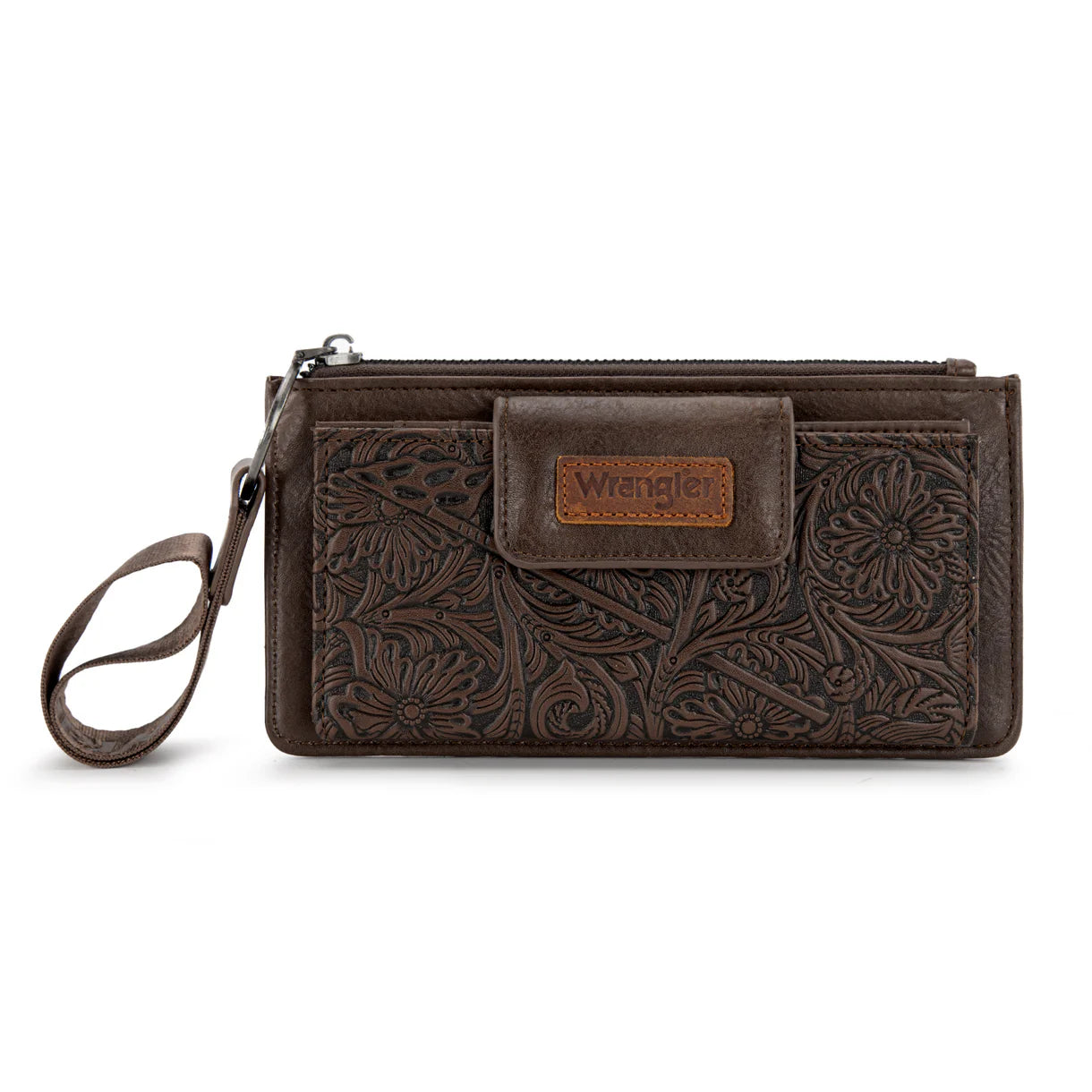 Wrangler Floral Tooled Card Wallet Wristlet- Coffee