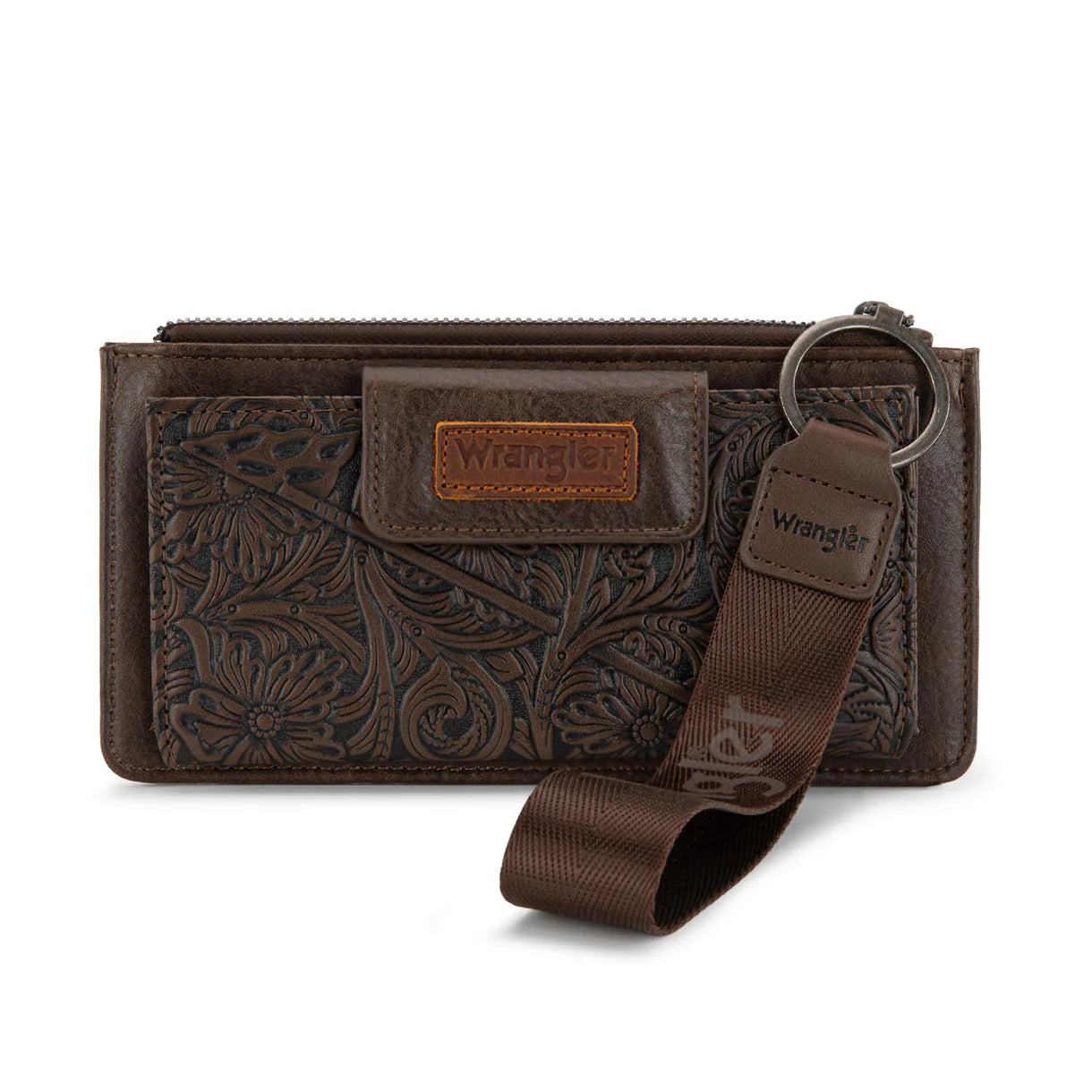 Wrangler Floral Tooled Card Wallet Wristlet- Coffee