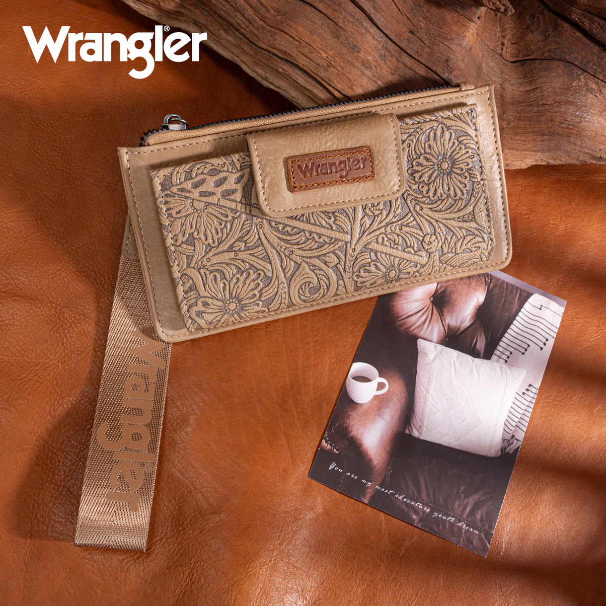 Wrangler Floral Tooked Card Wallet Wristlet- Khaki