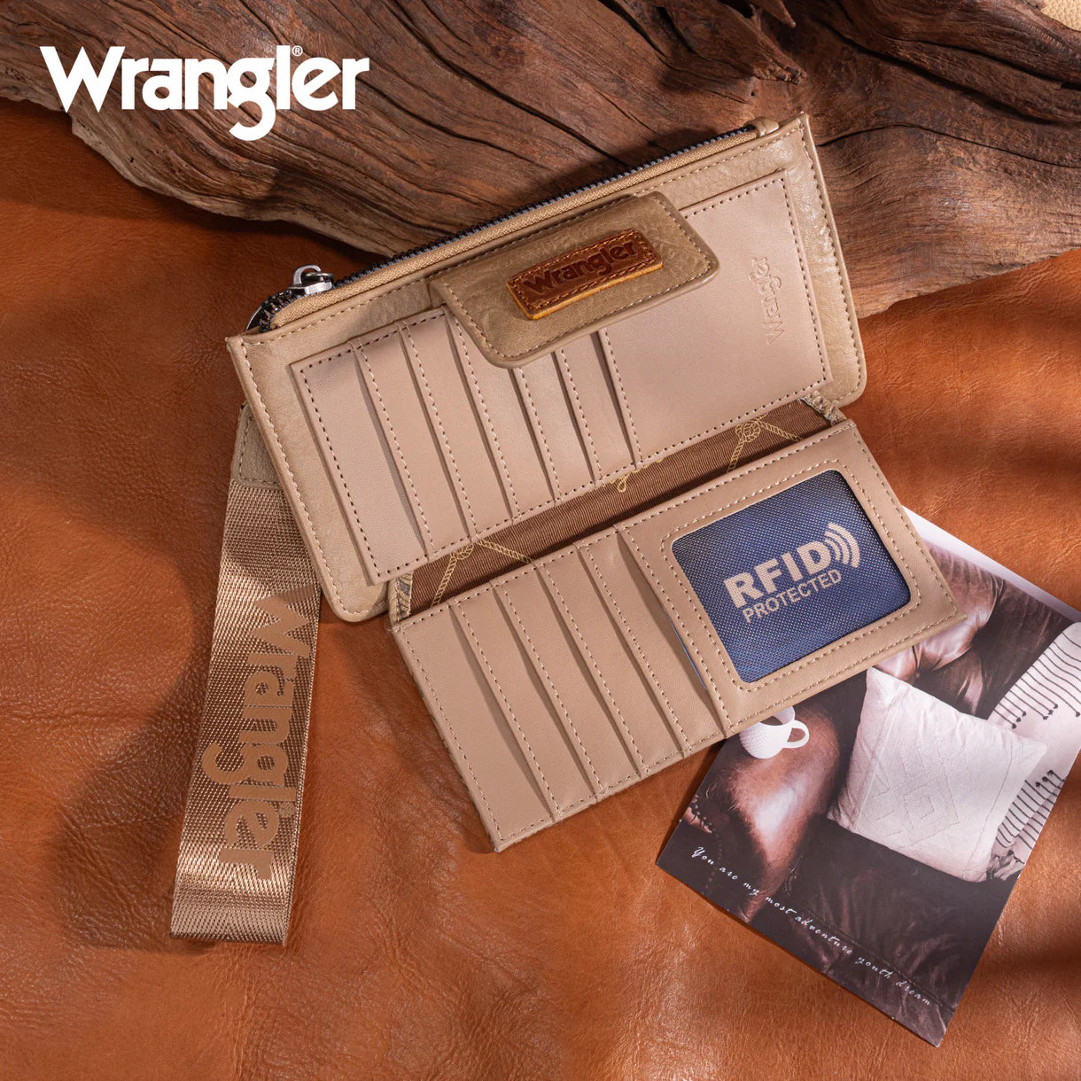 Wrangler Floral Tooked Card Wallet Wristlet- Khaki