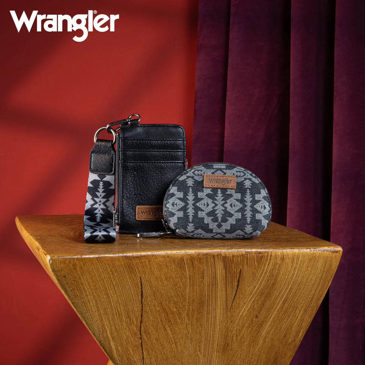 Wrangler Southwestern Art Print Dual Pouch Wristlet-Black