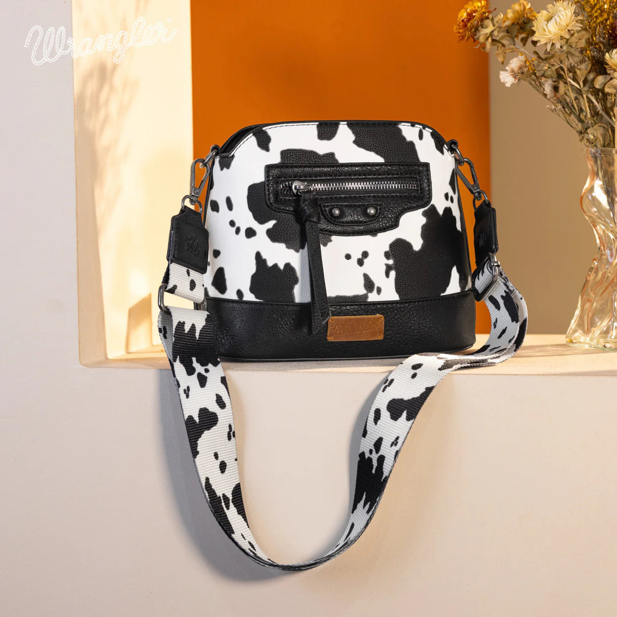 Wrangler Cow Print Crossbody Bag – Black | Final Sale – No Returns
