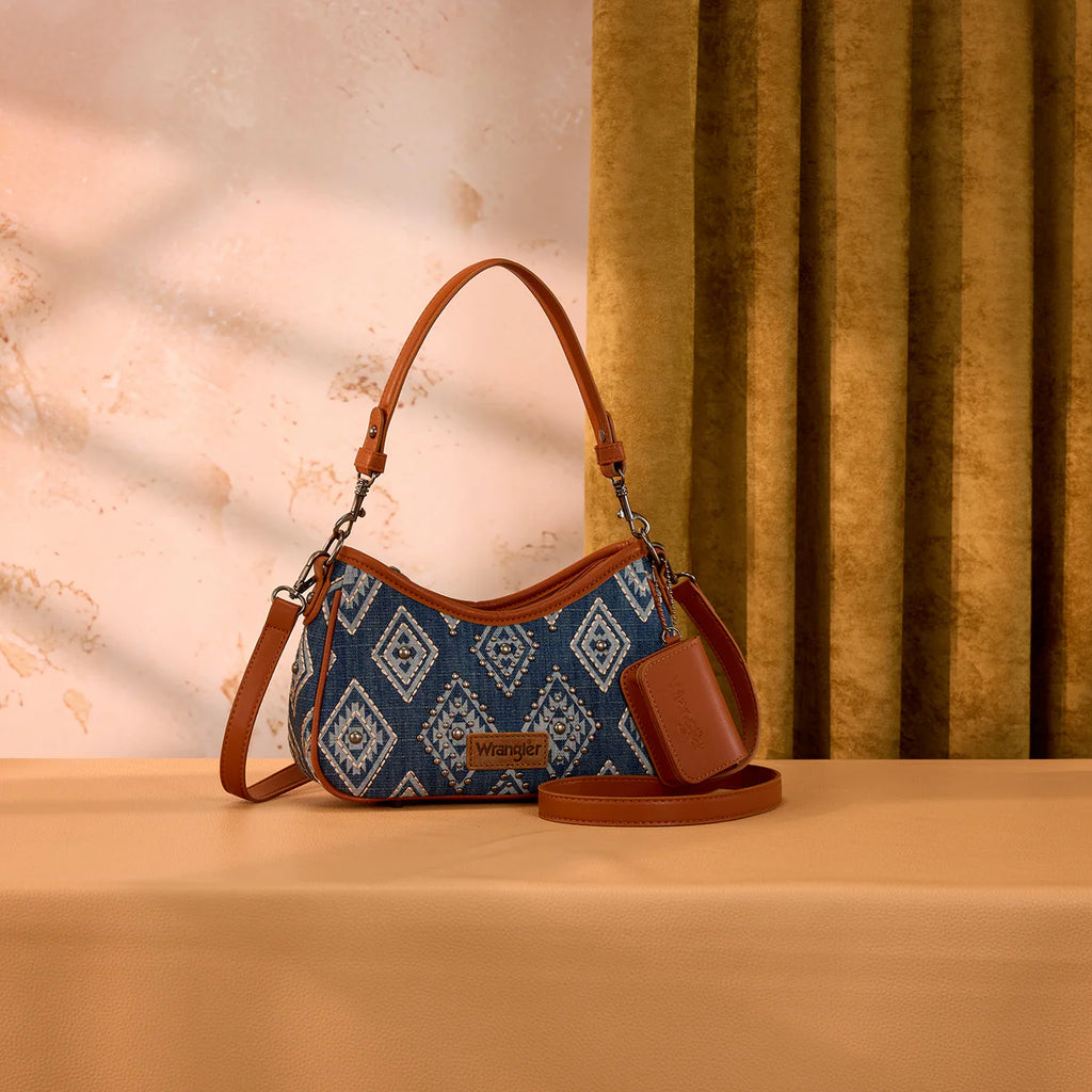 Wrangler Aztec Studded Denim Shoulder Bag with Mini Pouch-Jean